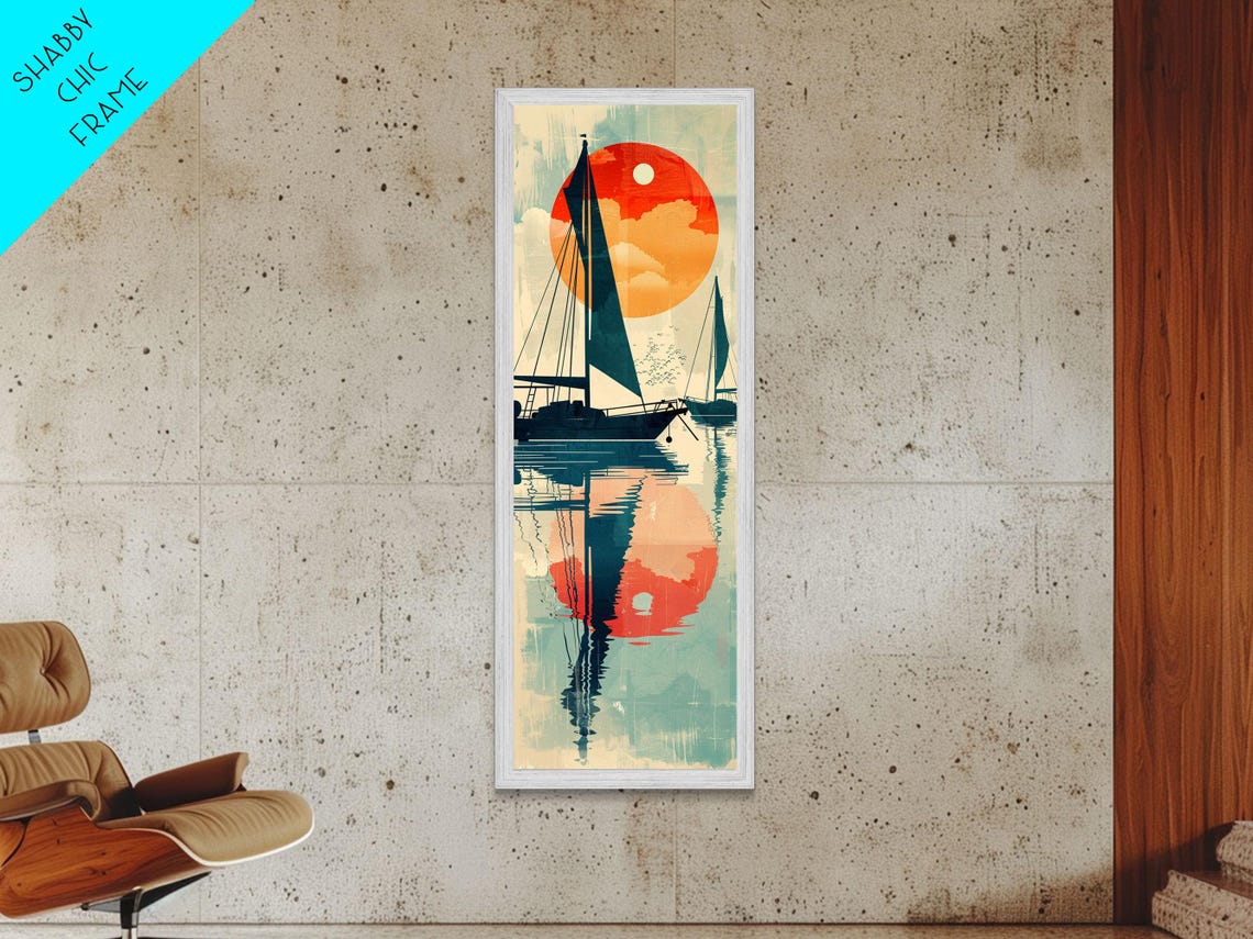 Japanese Sailboat Sunset Reflection Red Sun Calm Waters Poster - Image 4