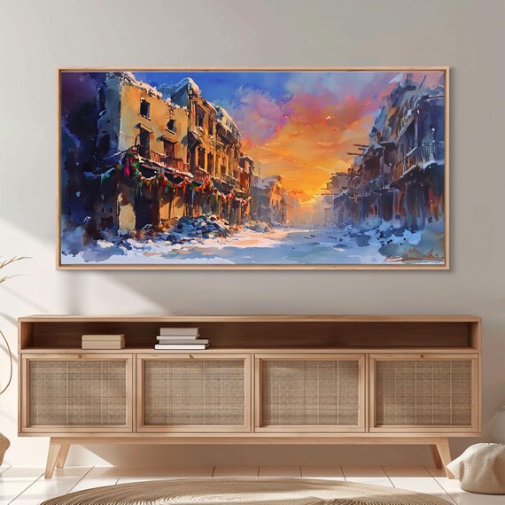 Snowy Abandoned Street At Sunset With Festive Garland Framed Print Moody Landscape Christmas Or Holiday Decor