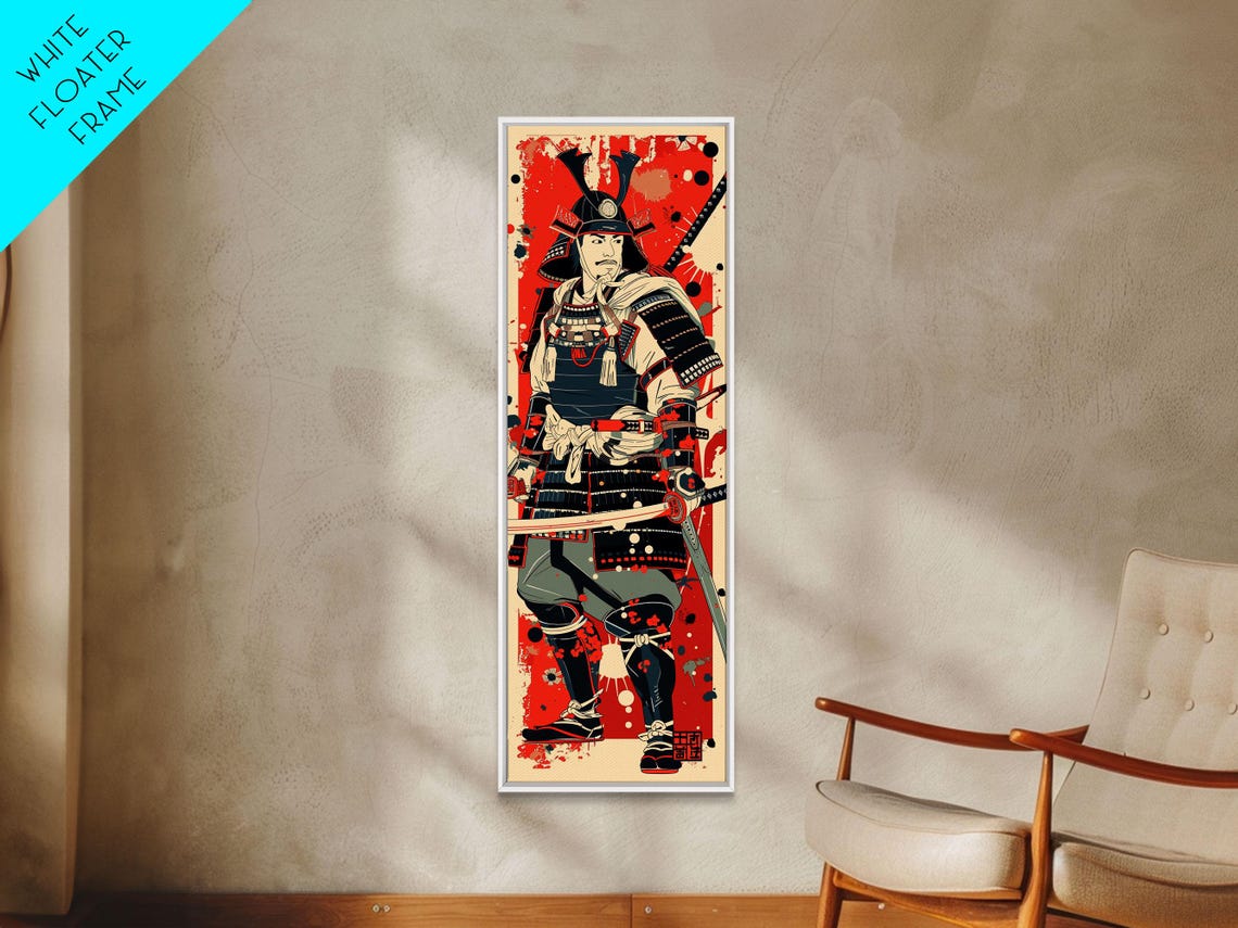 Japanese Samurai Warrior Armor Red Background Bold Art Poster