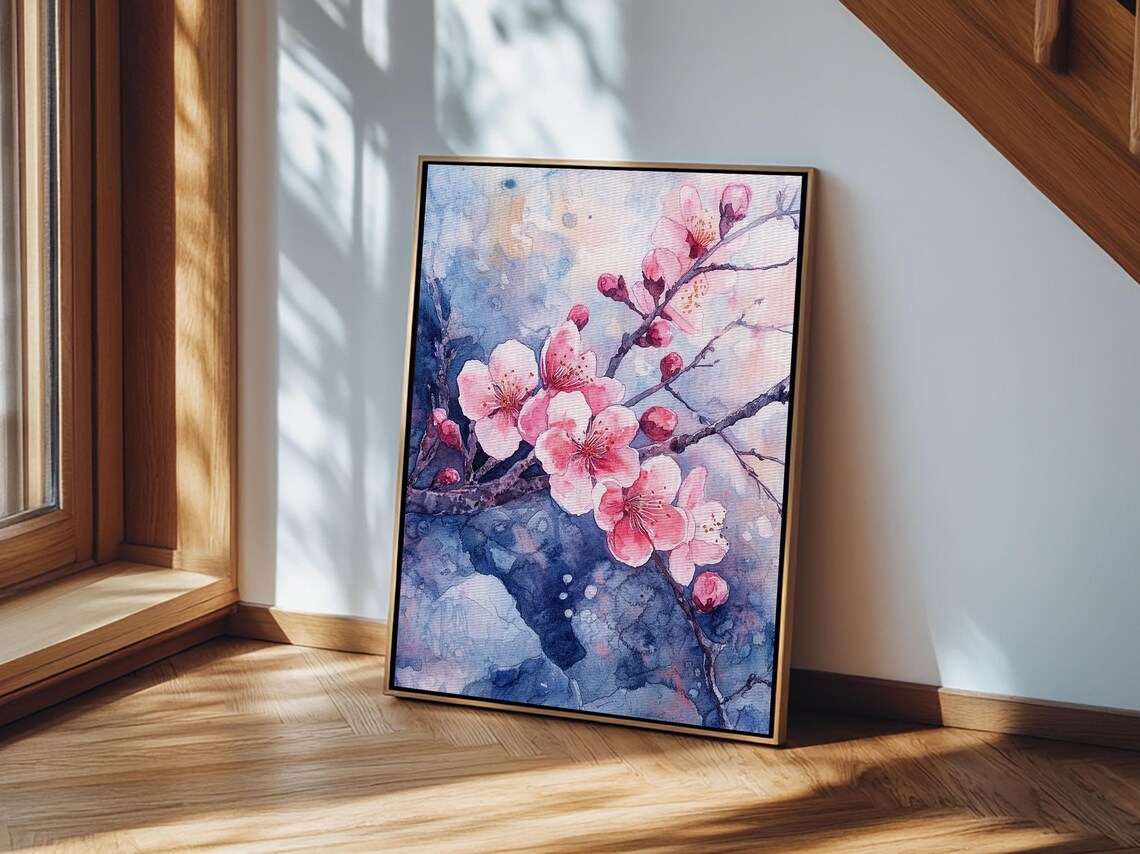 Pink Cherry Blossom Branch Watercolor Spring Floral Art Poster