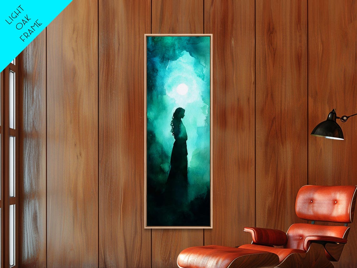 Moonlit Goddess Silhouette Teal Watercolor Night Mystical Wall Poster - Image 3