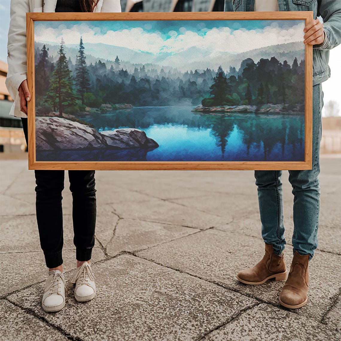 Blue Mountain Lake Pine Forest Misty Peaks Watercolor Landscape Poster - Image 5