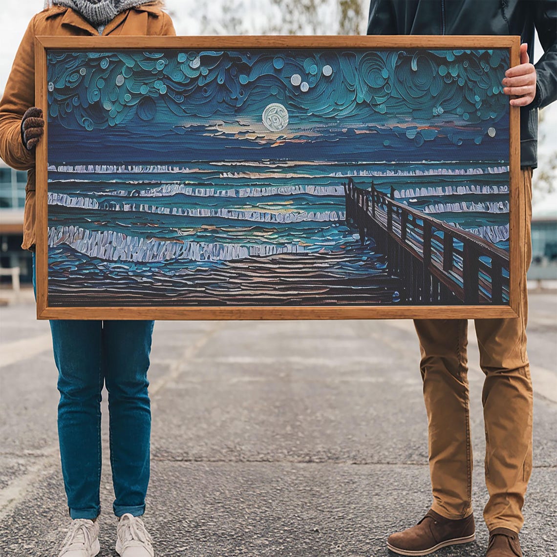 Full Moon Ocean Waves Wooden Pier Starry Night Impasto Seascape Poster - Image 3