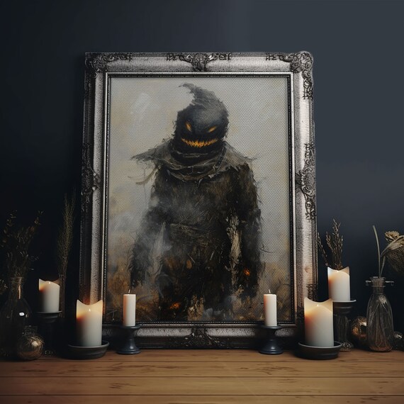Scarecrow With Glowing Eyes In Dark Misty Field Spooky Art Poster