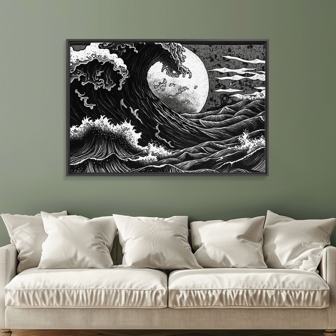 Great Wave Moon Black And White Japanese Woodblock Style Ocean Poster