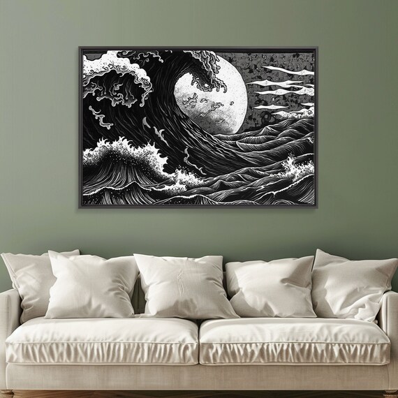 Great Wave Moon Black And White Japanese Woodblock Style Ocean Poster