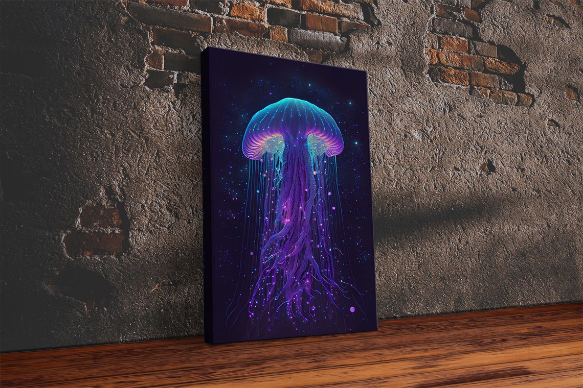 Bioluminescent Jellyfish Against A Starry Night Sky Cosmic Jelly Fish Framed Print Synthwave Style Art - Image 2