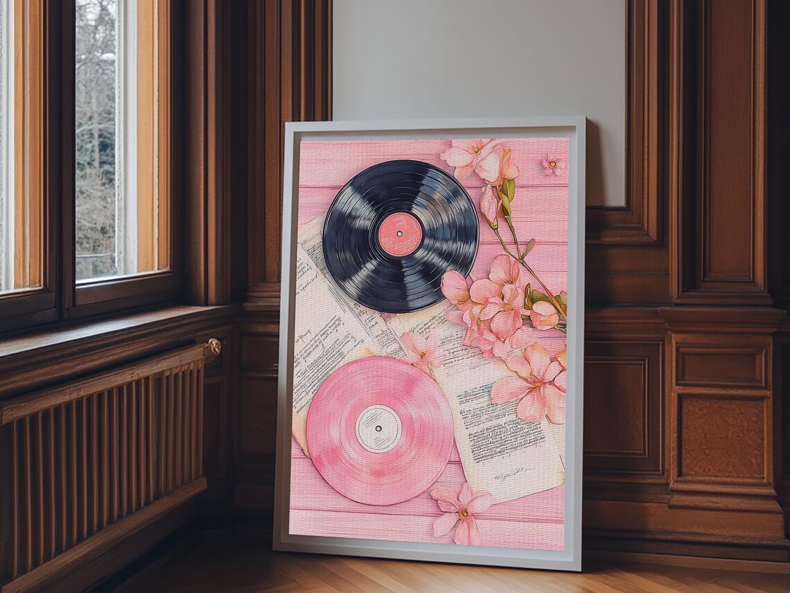 Vinyl Records with Pink Flowers Watercolor Print Retro Music Wall Poster - Image 2