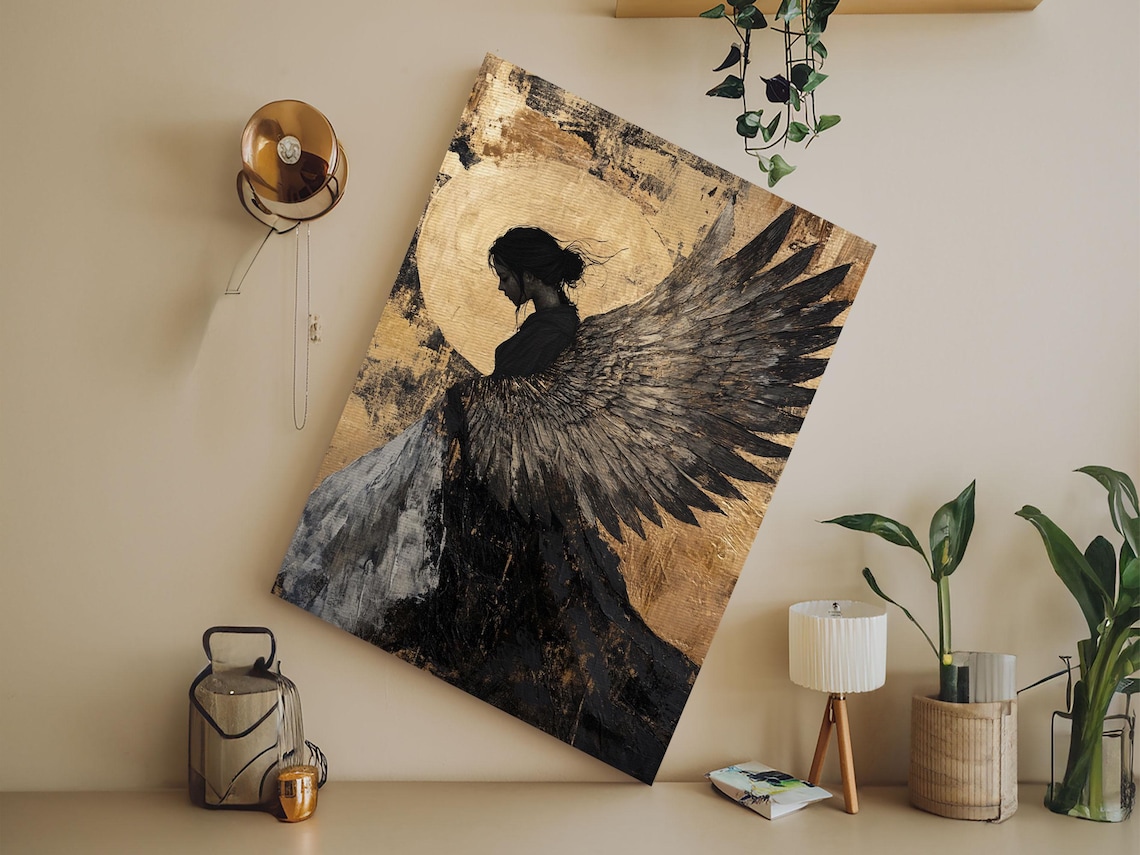 Dark Angel Silhouette Gold Moon Gothic Angel Wings Art Print - Image 2
