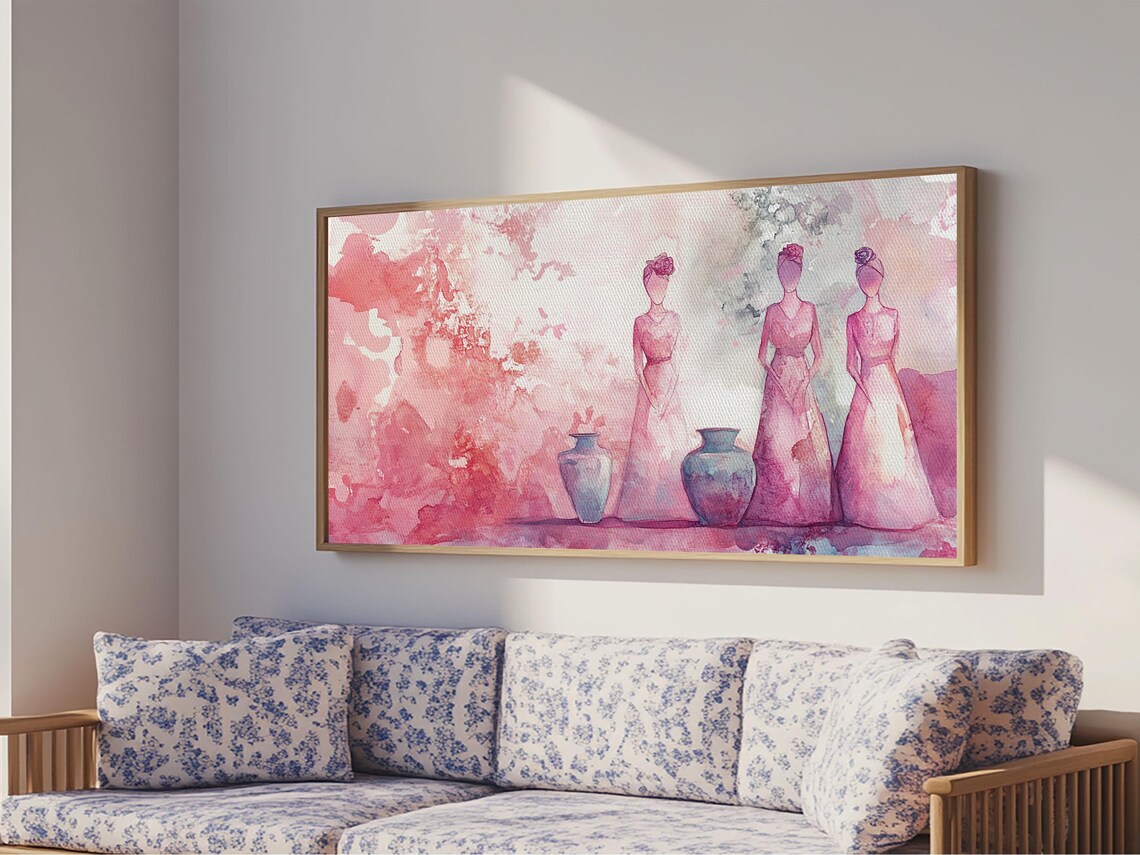 Pink Abstract Women With Vases Wide Wabi Sabi Watercolor Wall Art - Image 4