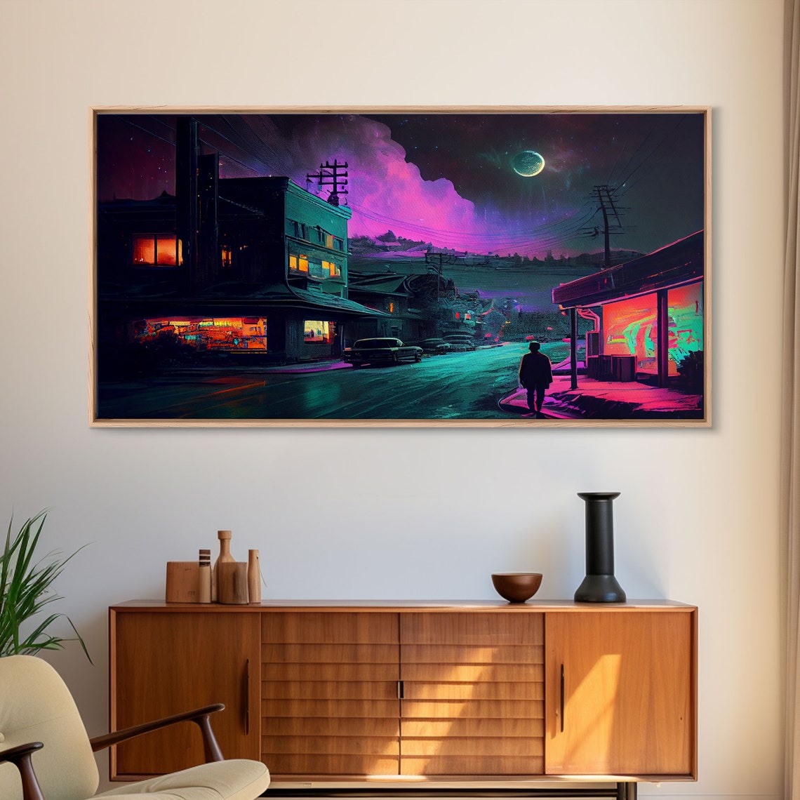 Neon City Street Night Moon Lone Figure Retro Sci Fi Town Poster - Image 6
