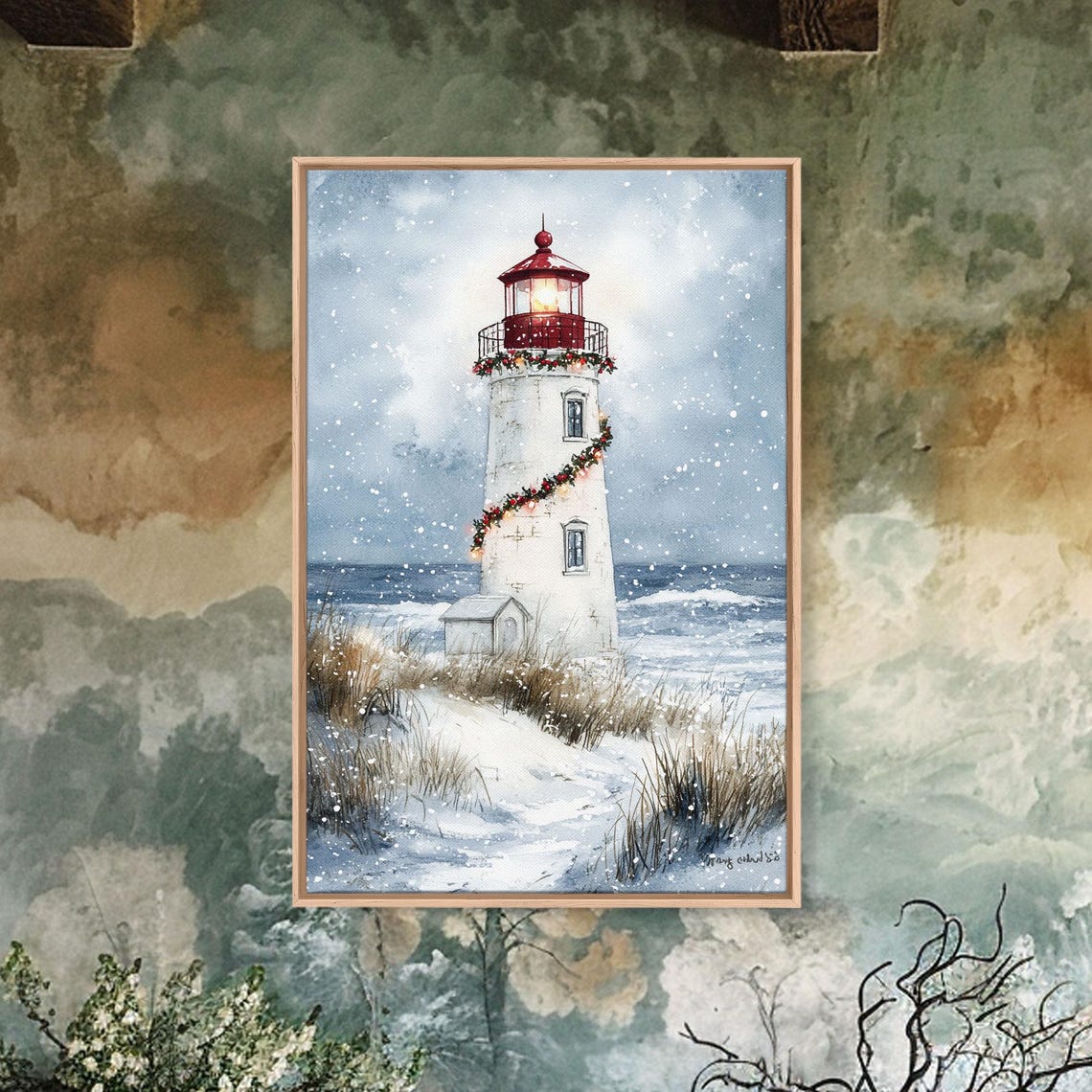 White Lighthouse Wrapped In Christmas Garland In Snowstorm Poster - Image 5