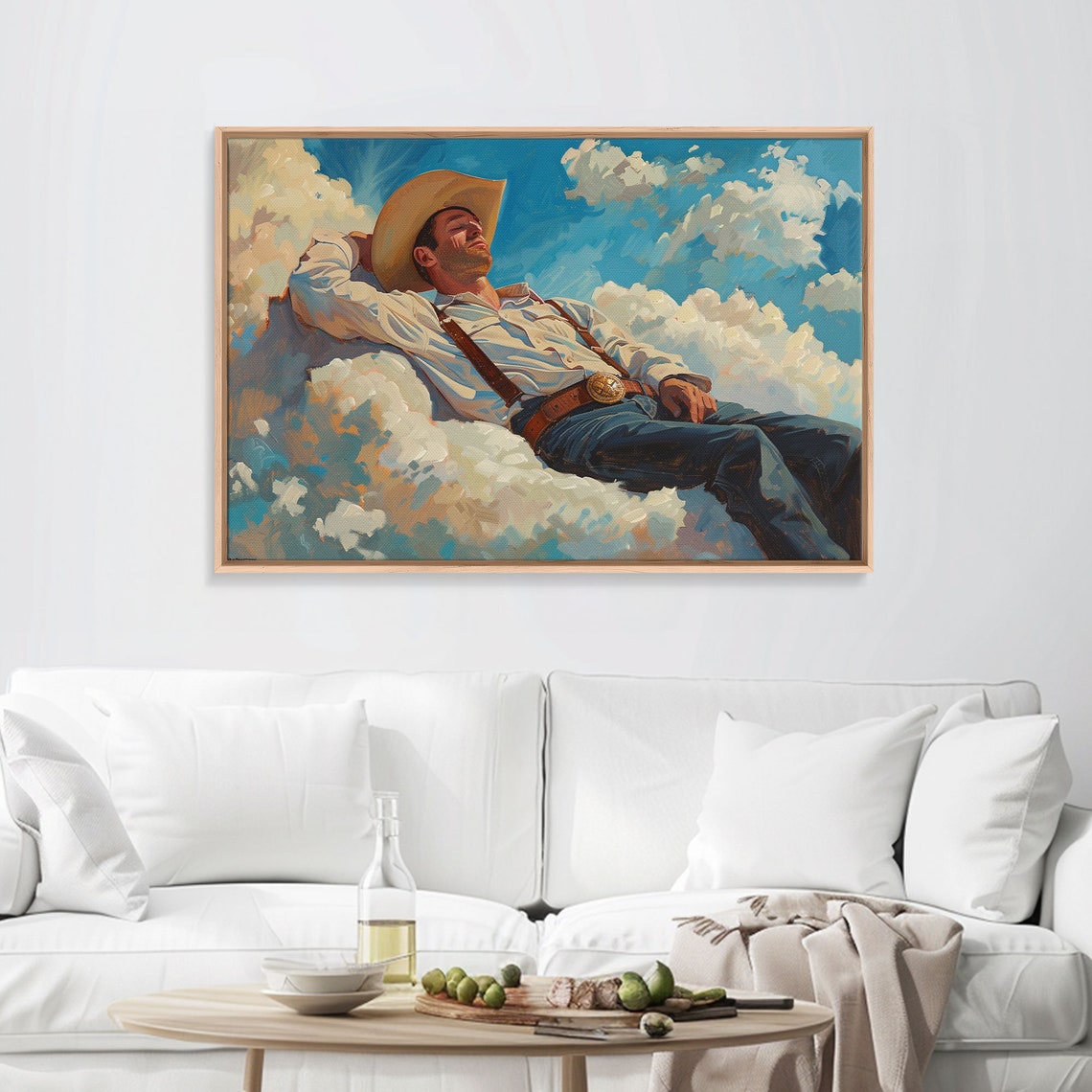Cowboy Relaxing On Clouds Bright Blue Sky Whimsical Western Poster