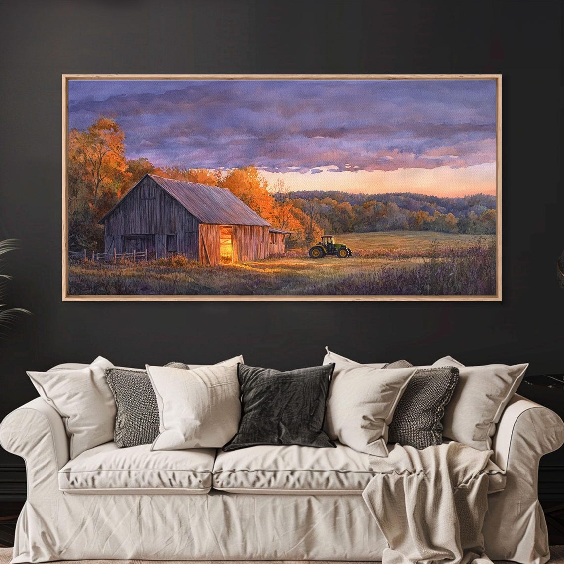 Rustic Barn At Dusk With Tractor Purple Sunset Sky Art Print - Image 2
