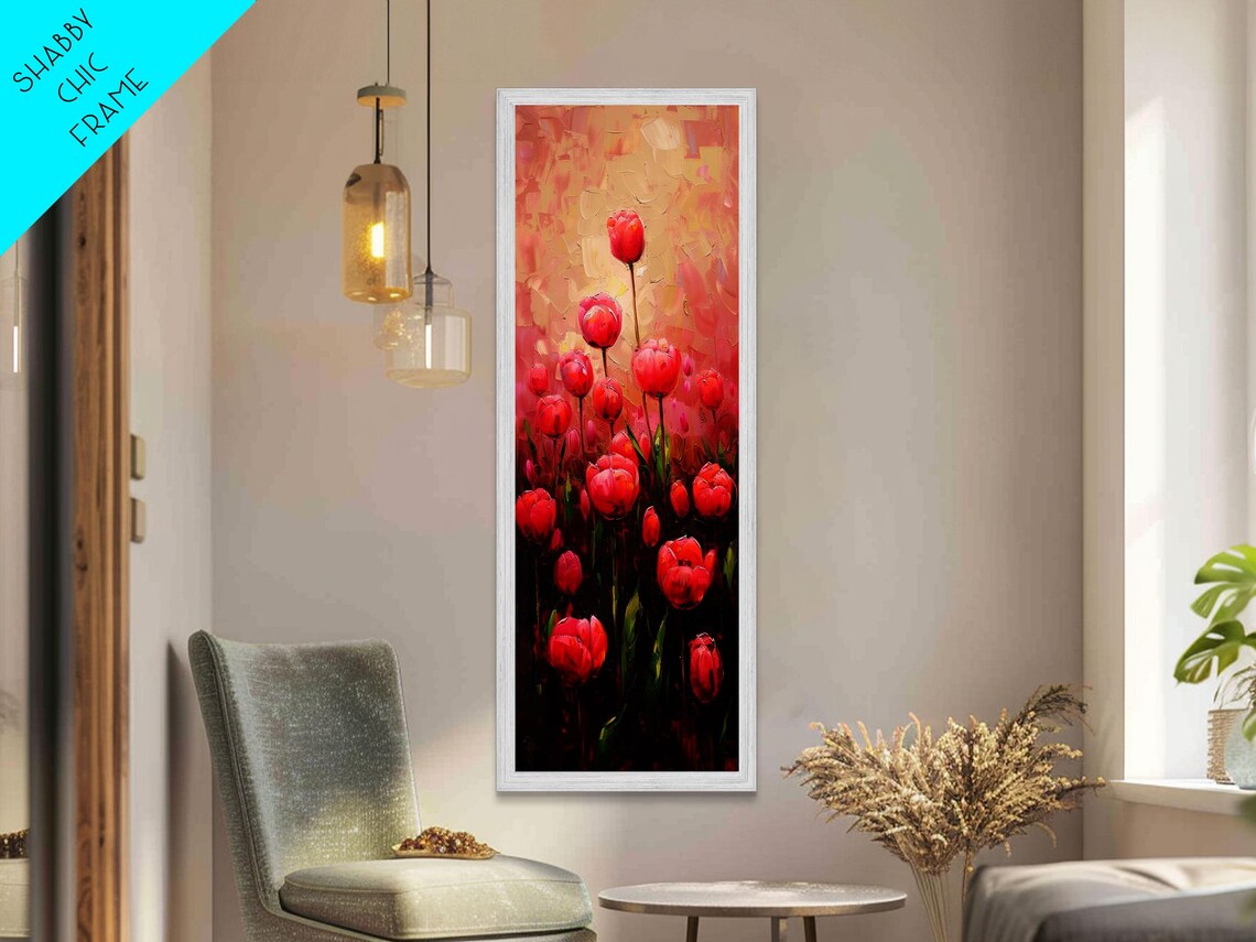 Vibrant Red Tulips Blooming Field Oil Painting Tall Floral Art Poster - Image 3