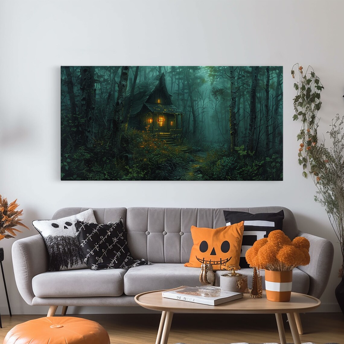 Haunted Cabin Misty Teal Forest Glowing Windows Night Spooky Halloween Print - Image 6