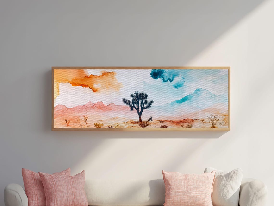 Joshua Tree Desert Watercolor Pink Mountains Panoramic Painting Poster - Image 6