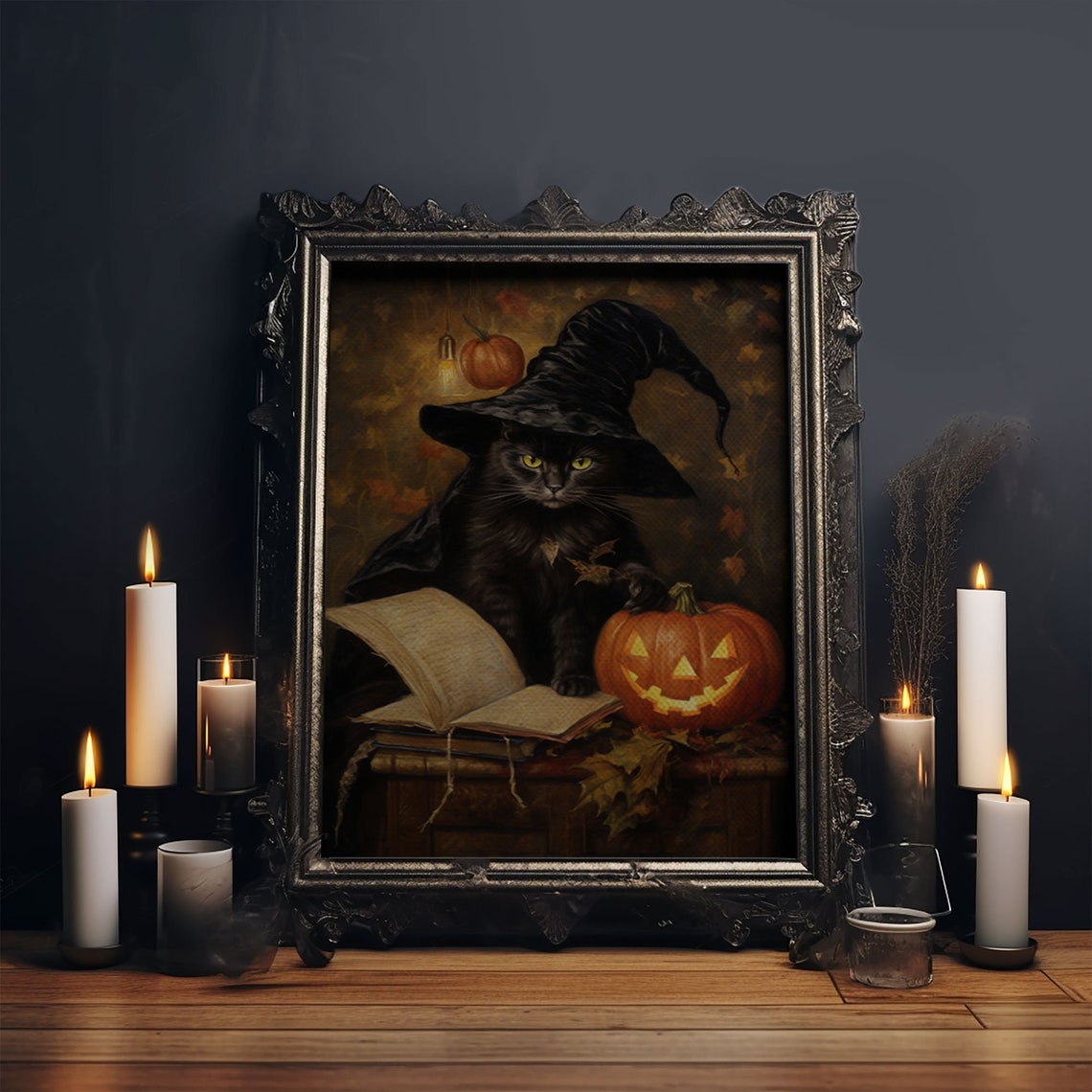 Black Cat In Witch Hat With Spell Book And Jack O Lantern Poster - Image 4