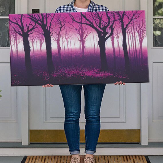 Purple Haunted Forest Magenta Fog Bare Trees Surreal Dark Spooky Poster