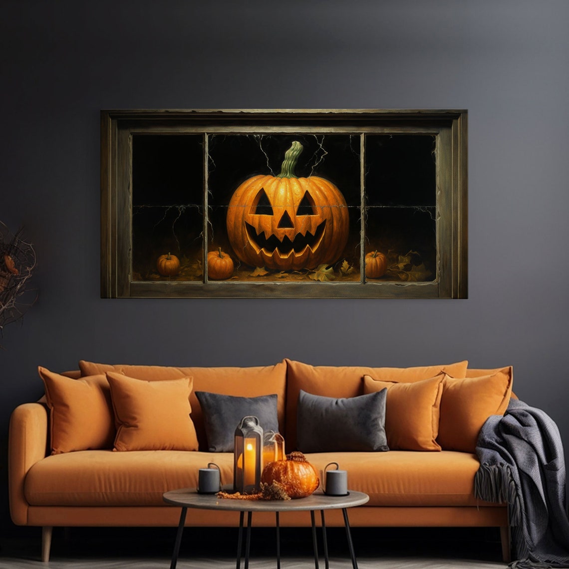 Glowing Jack O Lantern In Dark Window Frame Vintage Halloween Print - Image 2