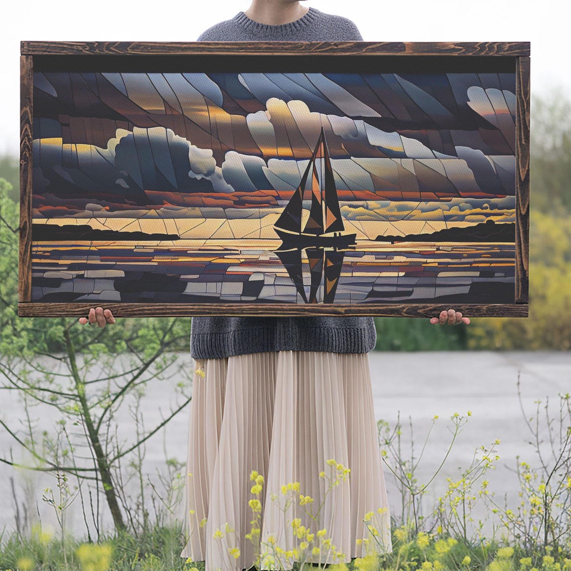 Stained Glass Sailboat Sunset Mosaic Dark Clouds Nautical Art Poster - Image 2