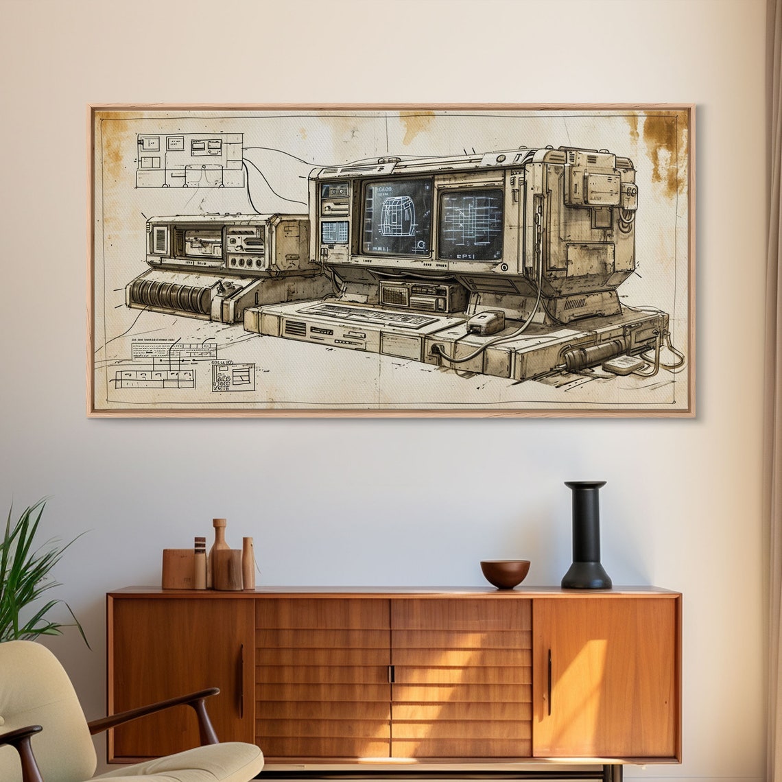 Retro Futurism Vintage Computer Blueprint Schematic Tech Poster