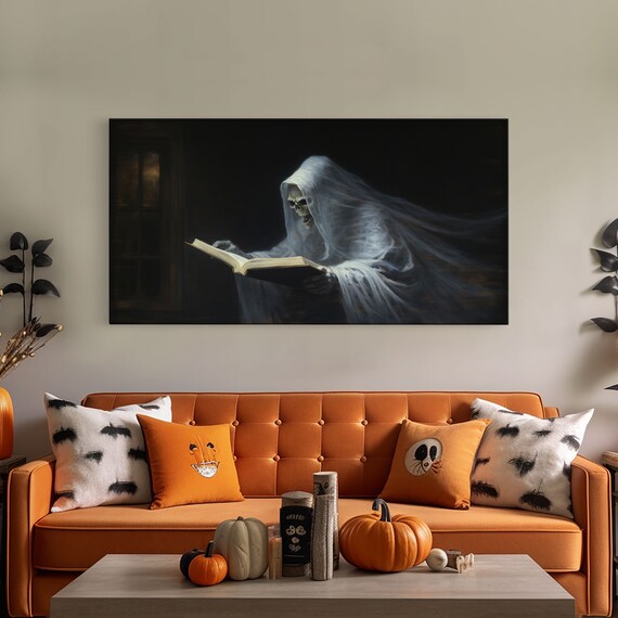 Reading Ghost Skeletal Figure With Book Moody Panoramic Wall Art
