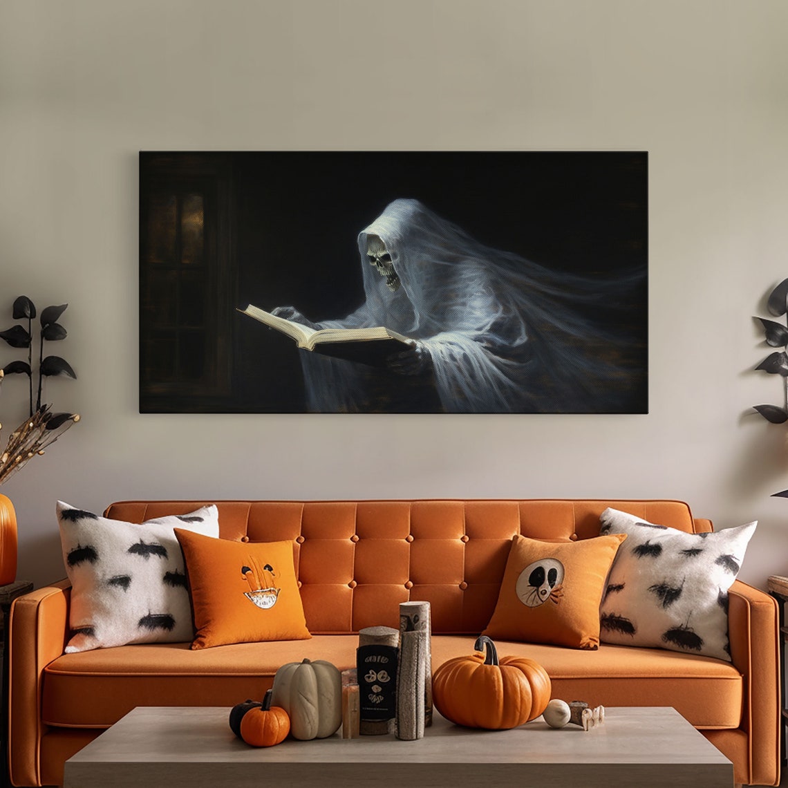 Reading Ghost Skeletal Figure With Book Moody Panoramic Wall Art