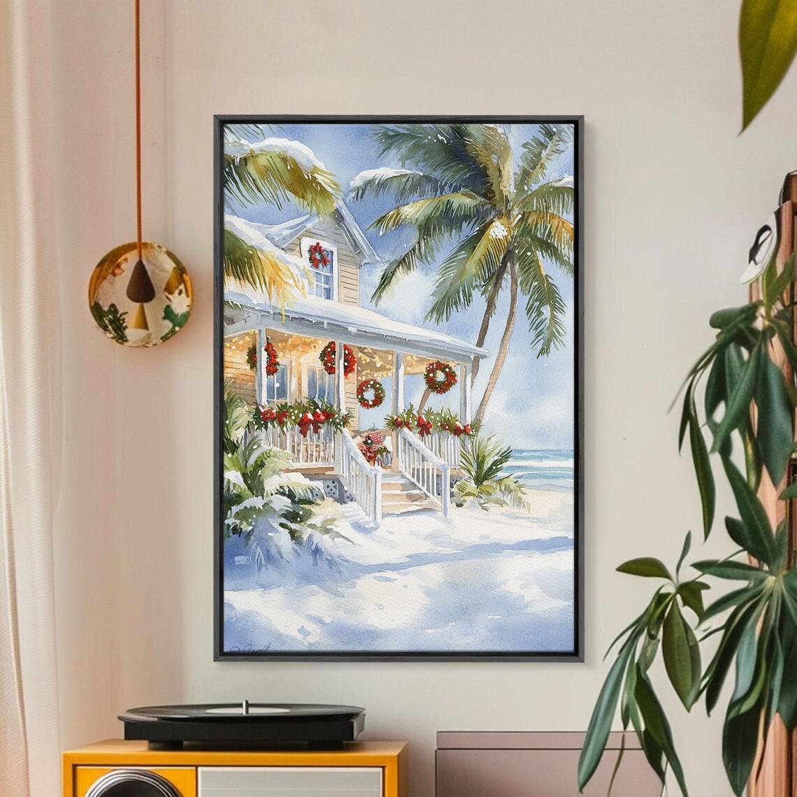 Beach House Christmas Porch With Palm Trees Wreaths Snow Poster - Image 4