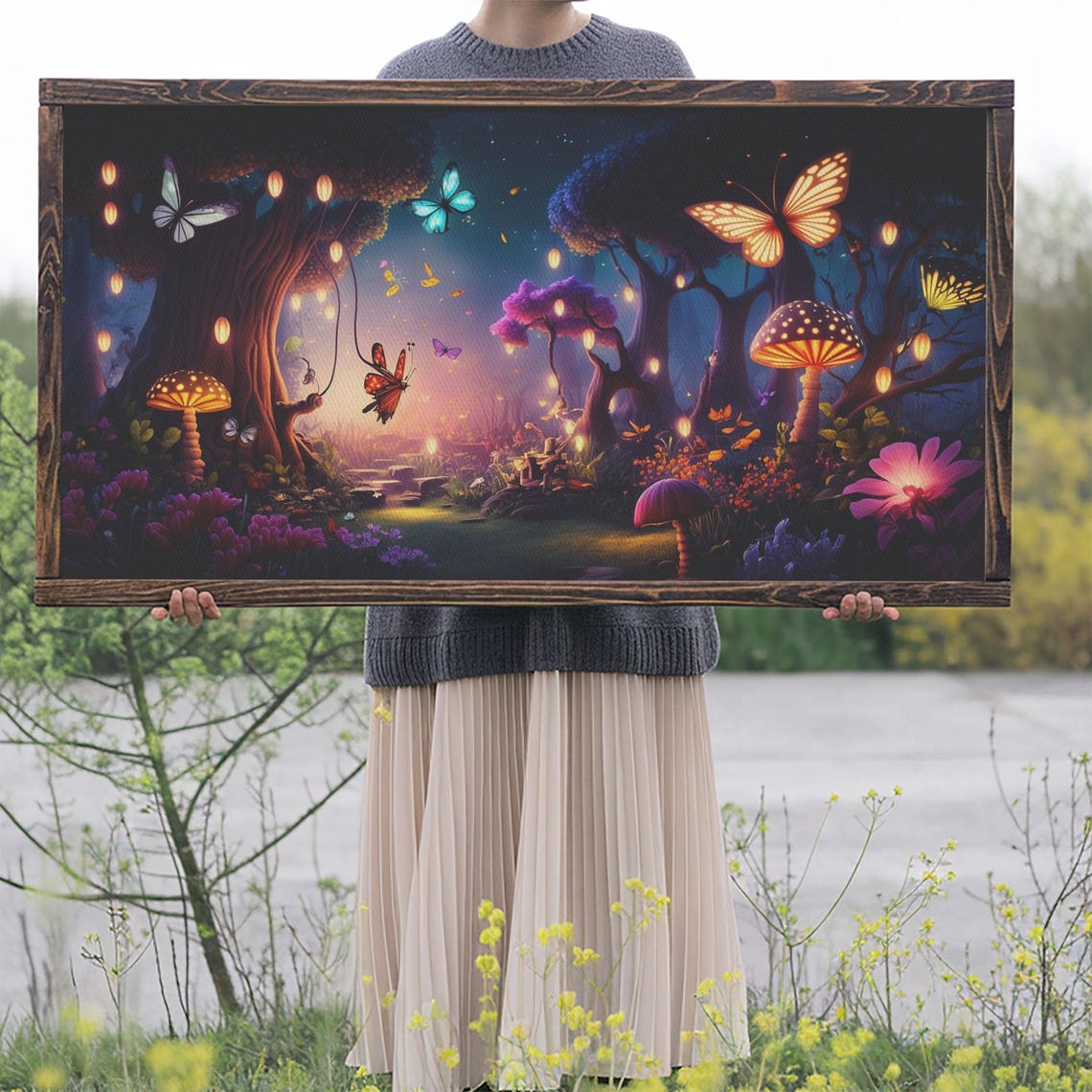 Vibrant Fantasy Forest Wall Art The Forest Floor Bioluminescent Glowing Butterflies Gift Framed Print - Image 2