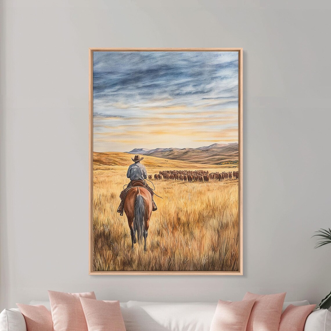 Lone Cowboy Leading Cattle Across Golden Prairie Dusk Poster
