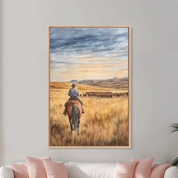 Cowboy Leading Cattle Across Golden Prairie Framed Print Western Landscape Wall Art For Rustic Farmhouse Decor Gift Idea Holiday