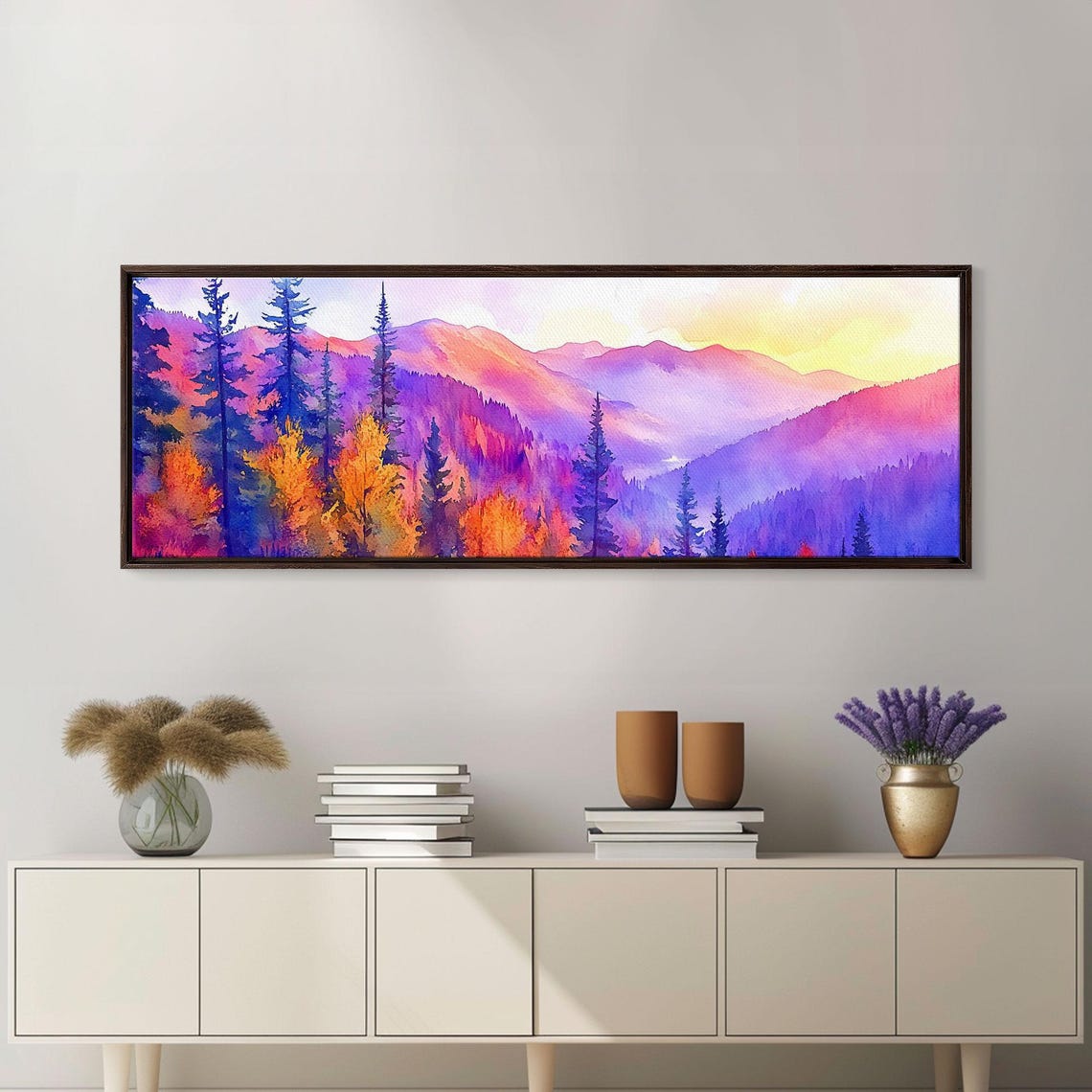 Purple Pink Watercolor Mountains Pine Forest Sunrise Landscape Poster - Image 2