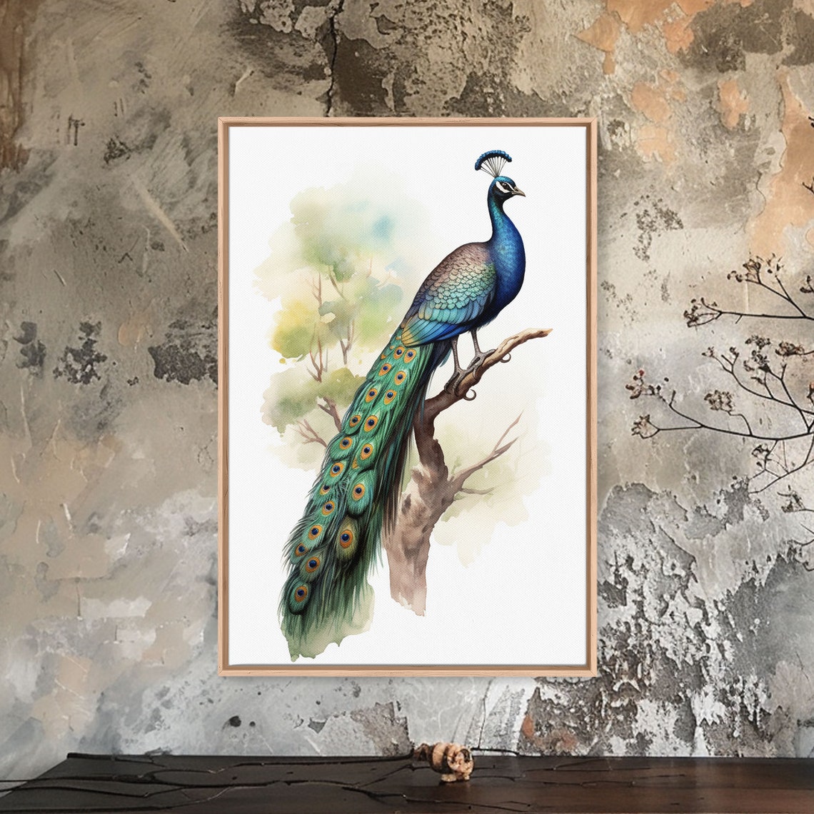 Peacock Perched On Branch Watercolor Elegant Bird Wall Art Poster - Image 4
