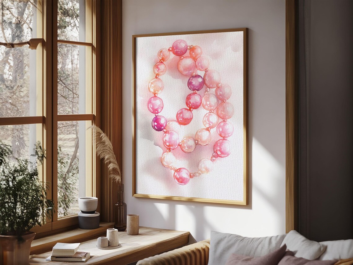 Pink Pearl Necklace Watercolor Elegant Jewelry Vanity Art Print - Image 5