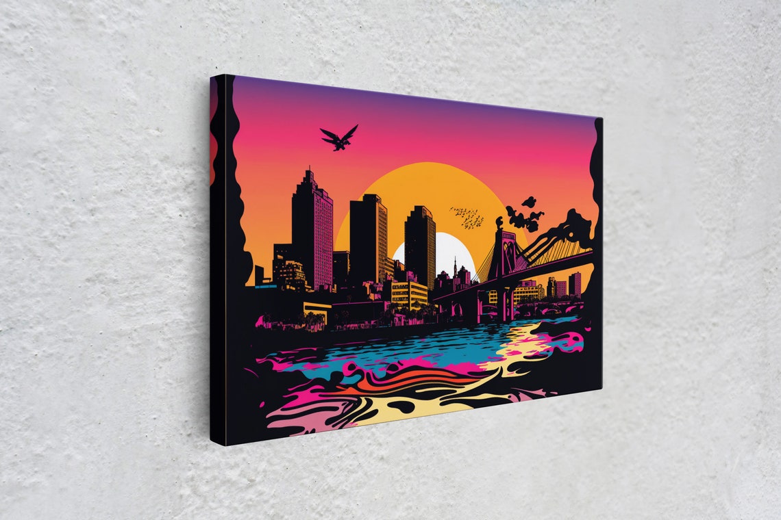 Synthwave City Skyline Sunset Bridge Water Reflection Neon Art Poster - Image 4