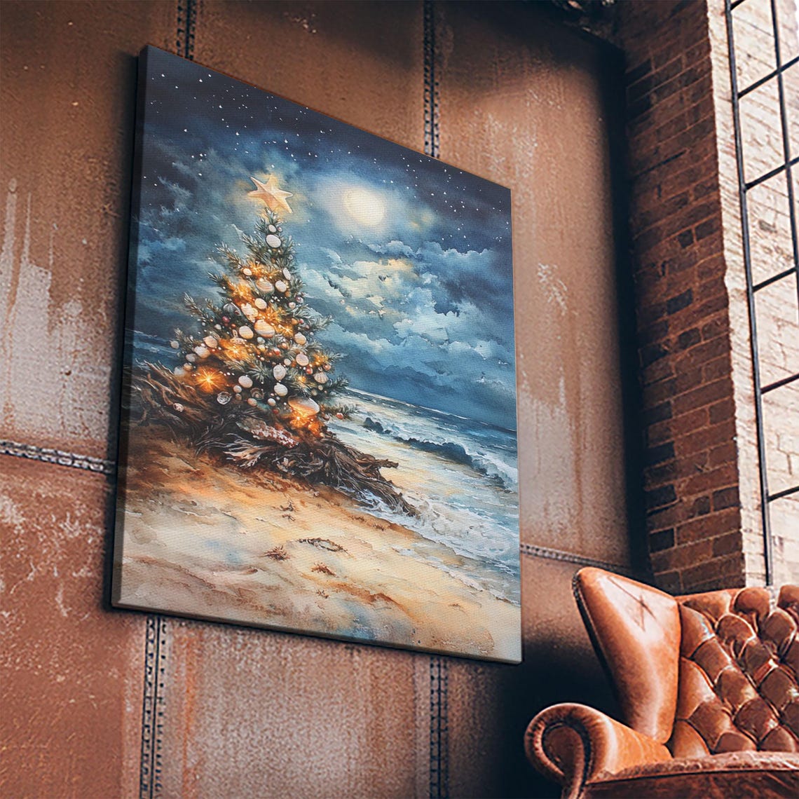 Christmas Tree Beach Night Moonlight Ornaments Watercolor Wall Art - Image 3