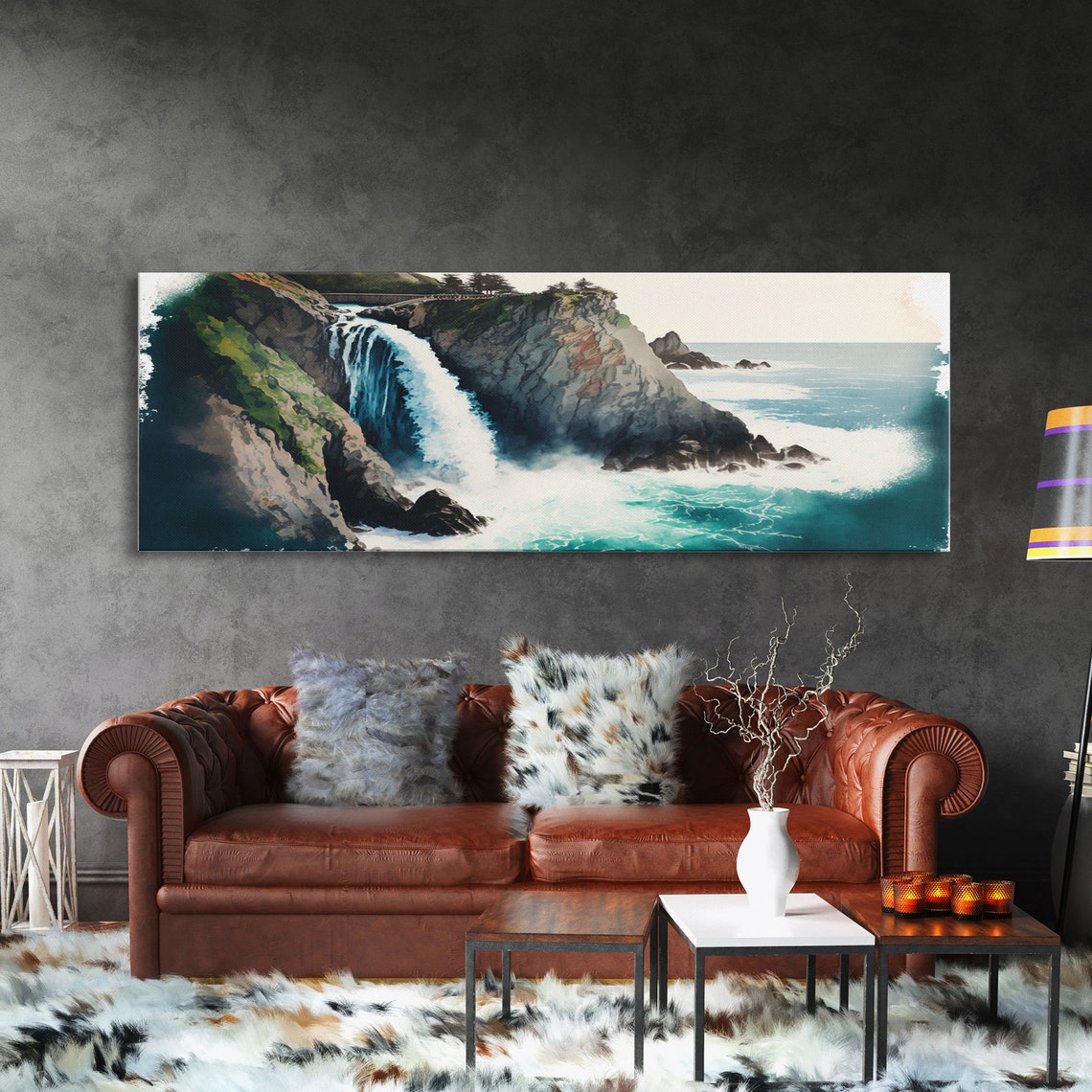 Panoramic Coastal Waterfall Rocky Cliff Ocean Waves Watercolor Poster - Image 3
