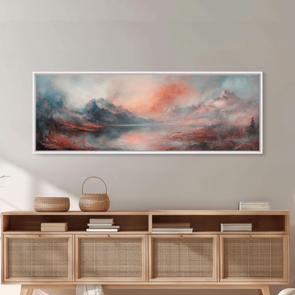 Moody Coral Blush Mountain Lake Mist Minimalist Landscape Poster - Image 2