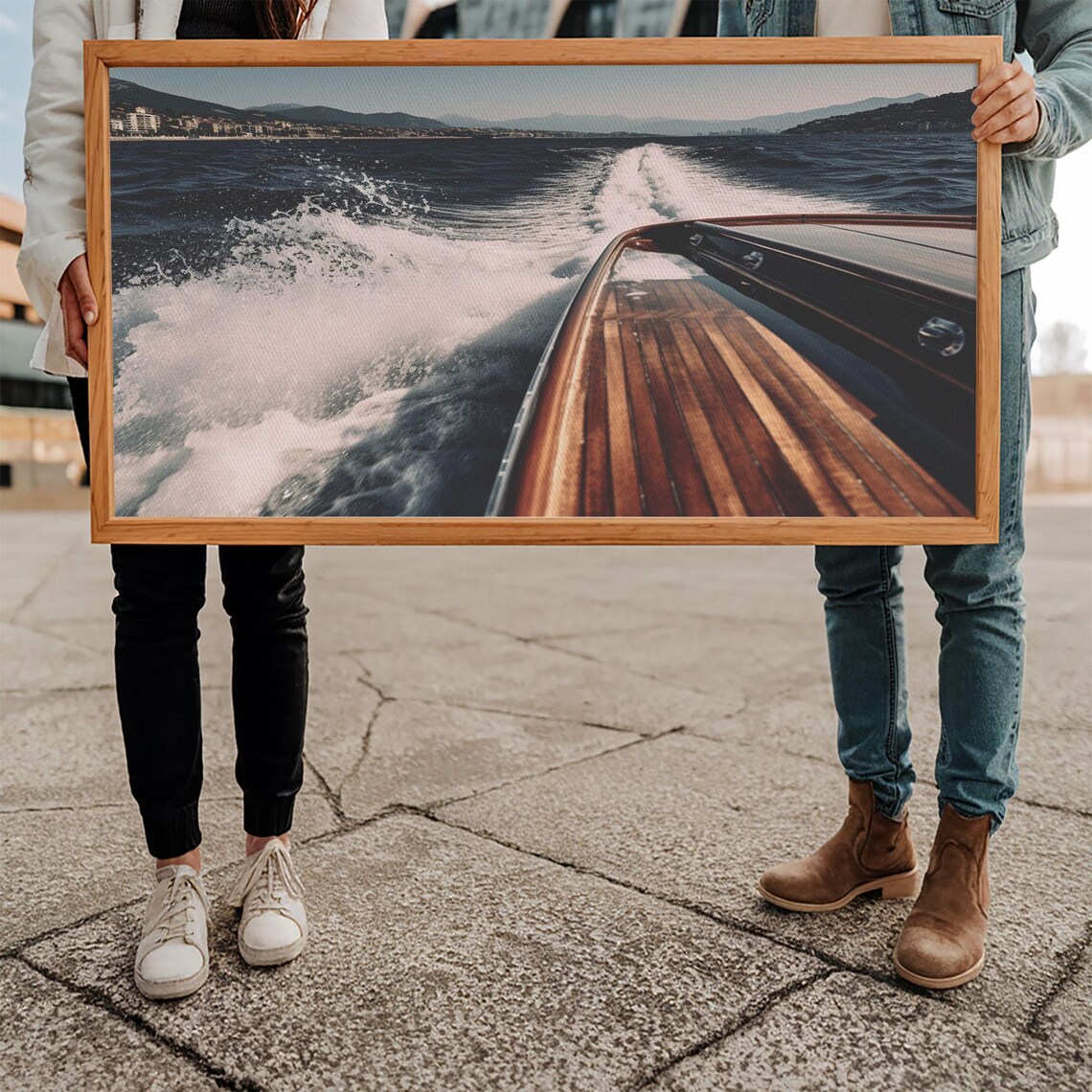 Speedboat Wake Rushing Past Rocky Coastline Town Dusk Photo Print - Image 5