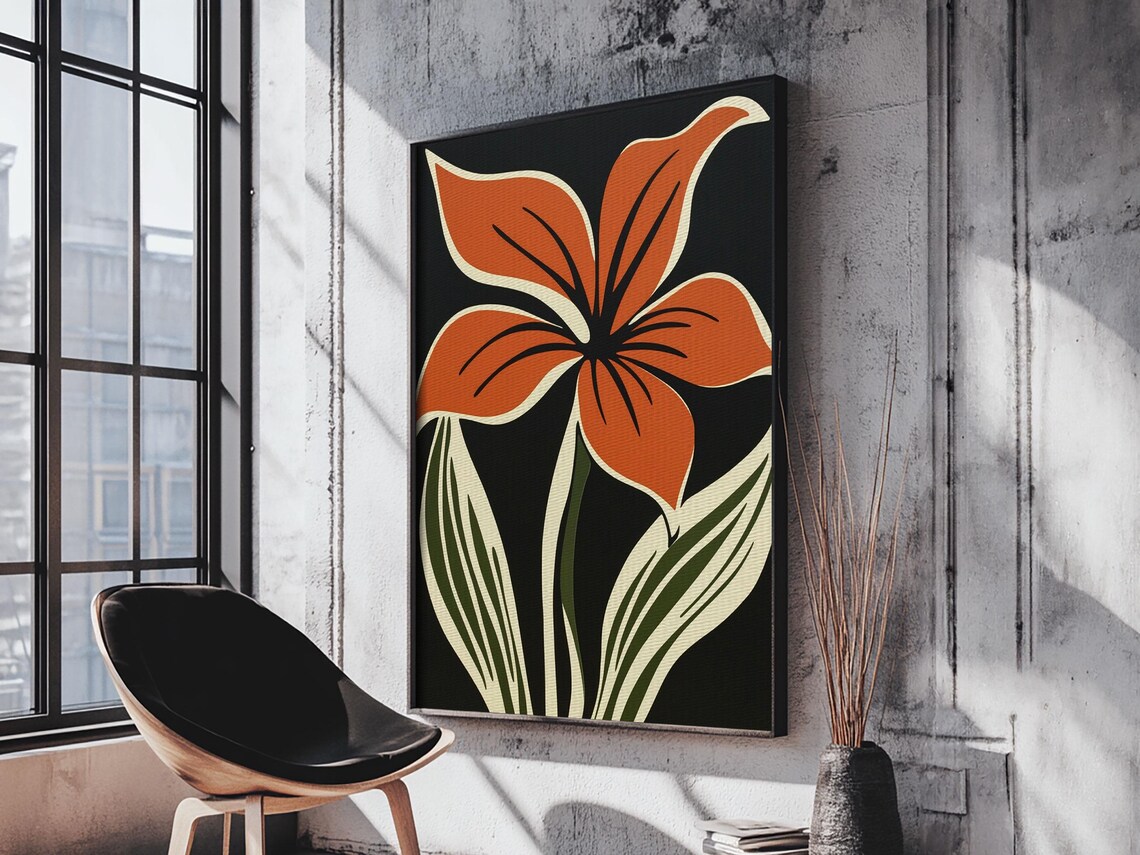 Orange Flower On Black Background, MCM Style Art Print