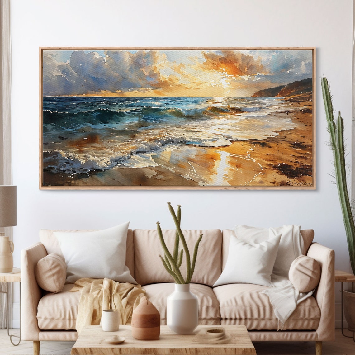 Golden Sunset Beach Waves Ocean Shoreline Watercolor Seaside Poster - Image 3