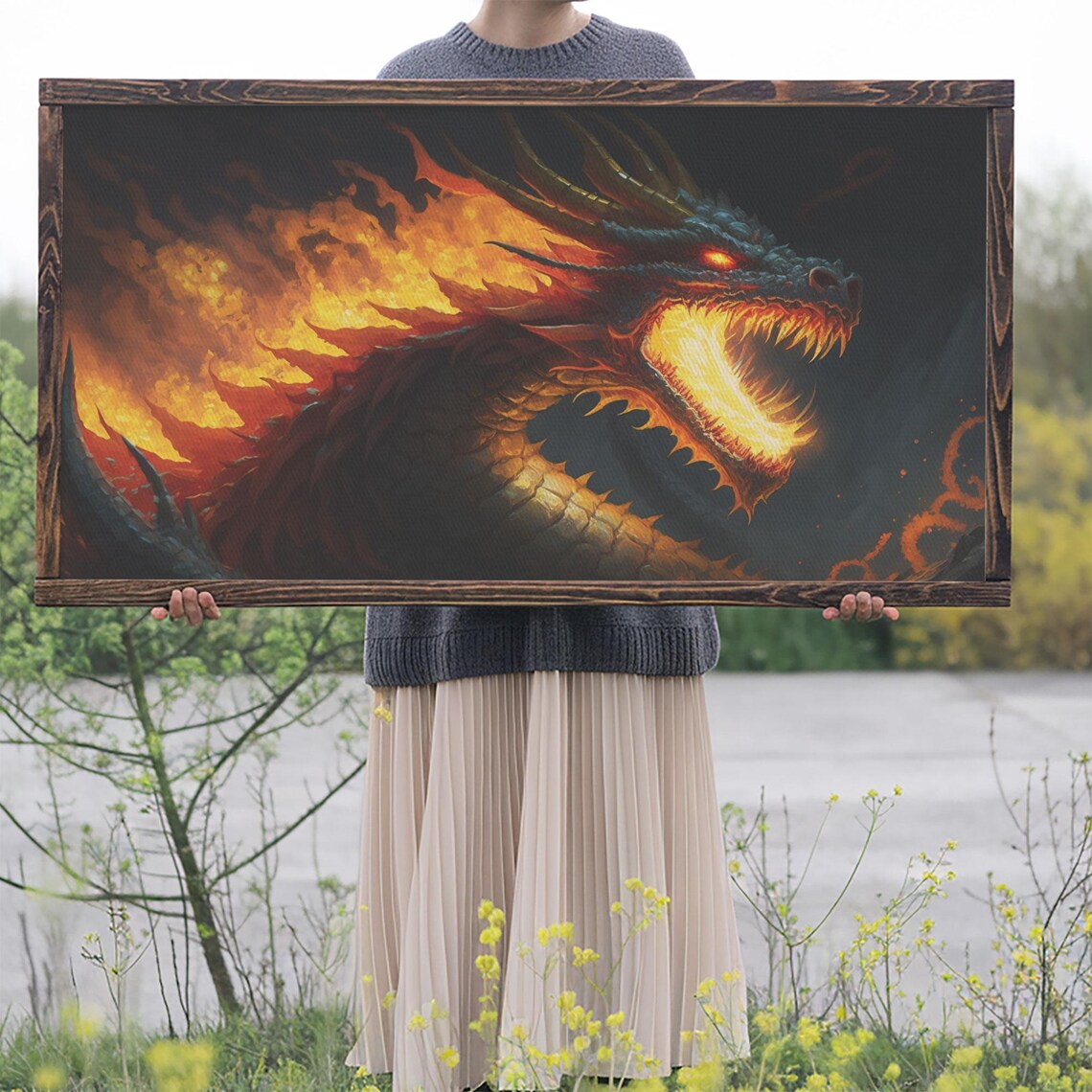 Fire Breathing Dragon Head Fantasy Art Fiery Horned Dragon Dark Wall Poster - Image 2