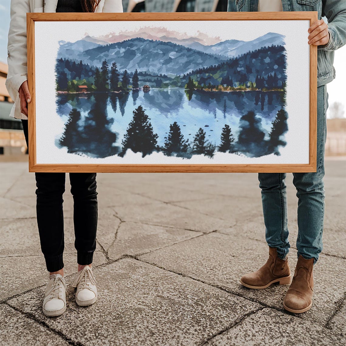 Blue Mountain Lake Watercolor Pine Reflection Cabins Nature Poster - Image 5