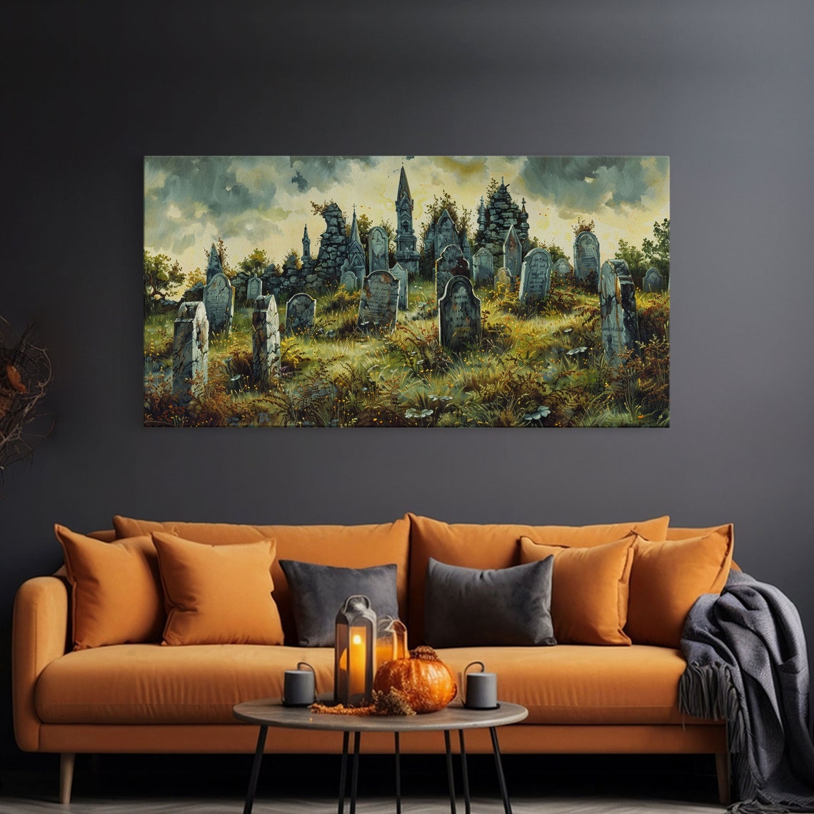 Haunted Cemetery Overcast Old Tombstones Ruined Chapel Spooky Wall Art - Image 3