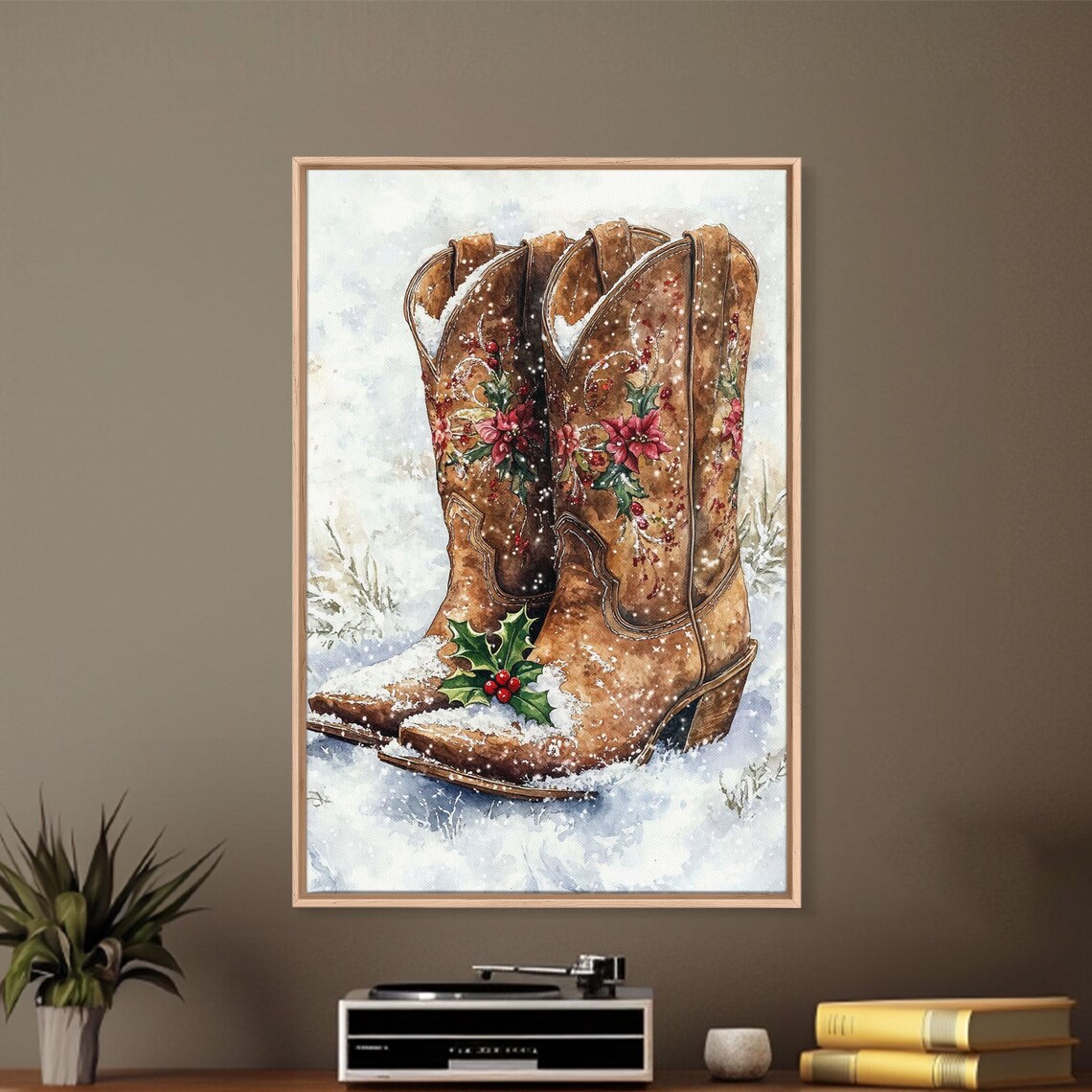 Cowboy Boots With Christmas Poinsettias In Snow Western Holiday Poster - Image 4