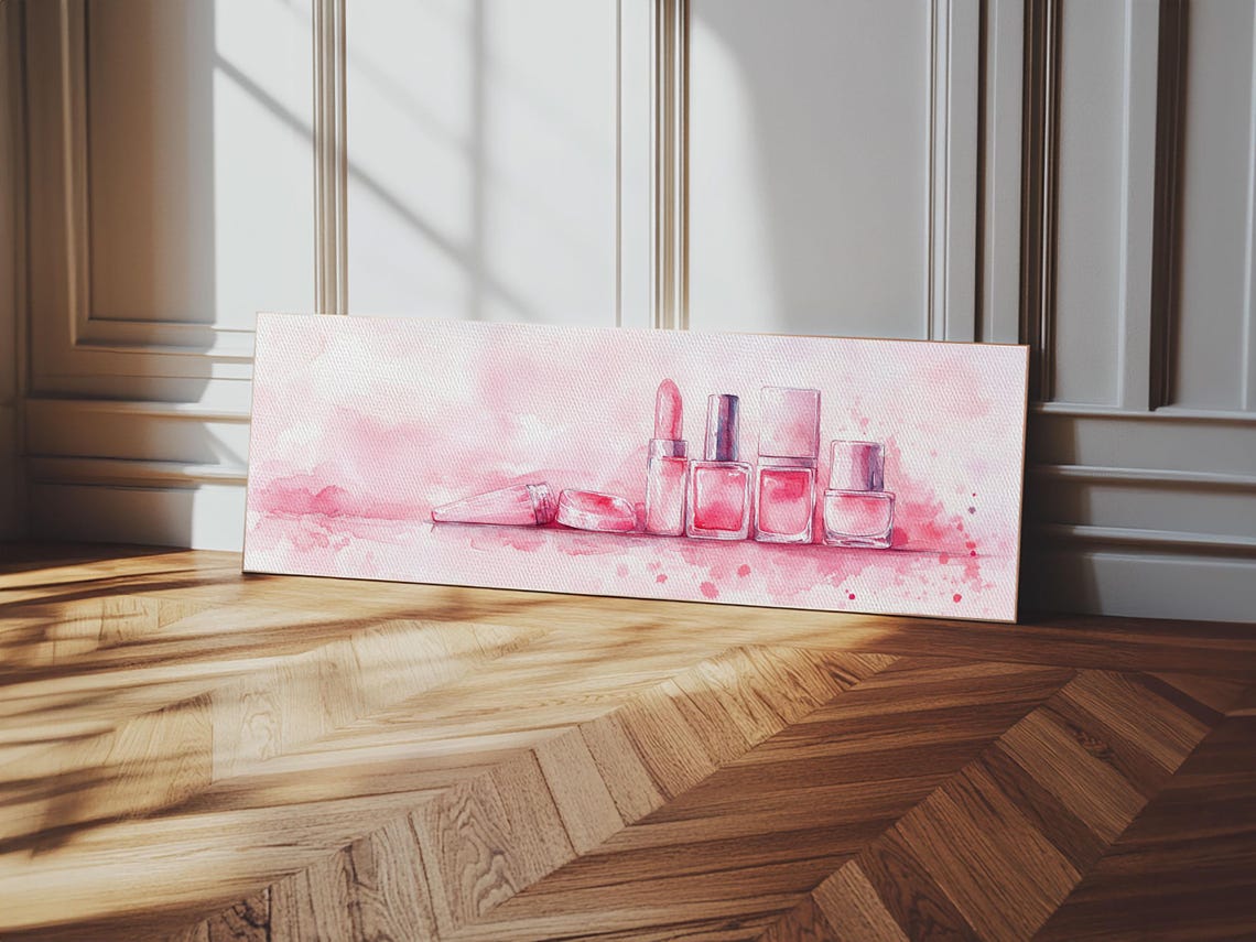 Pink Watercolor Makeup Lipstick Nail Polish Vanity Wall Art Poster