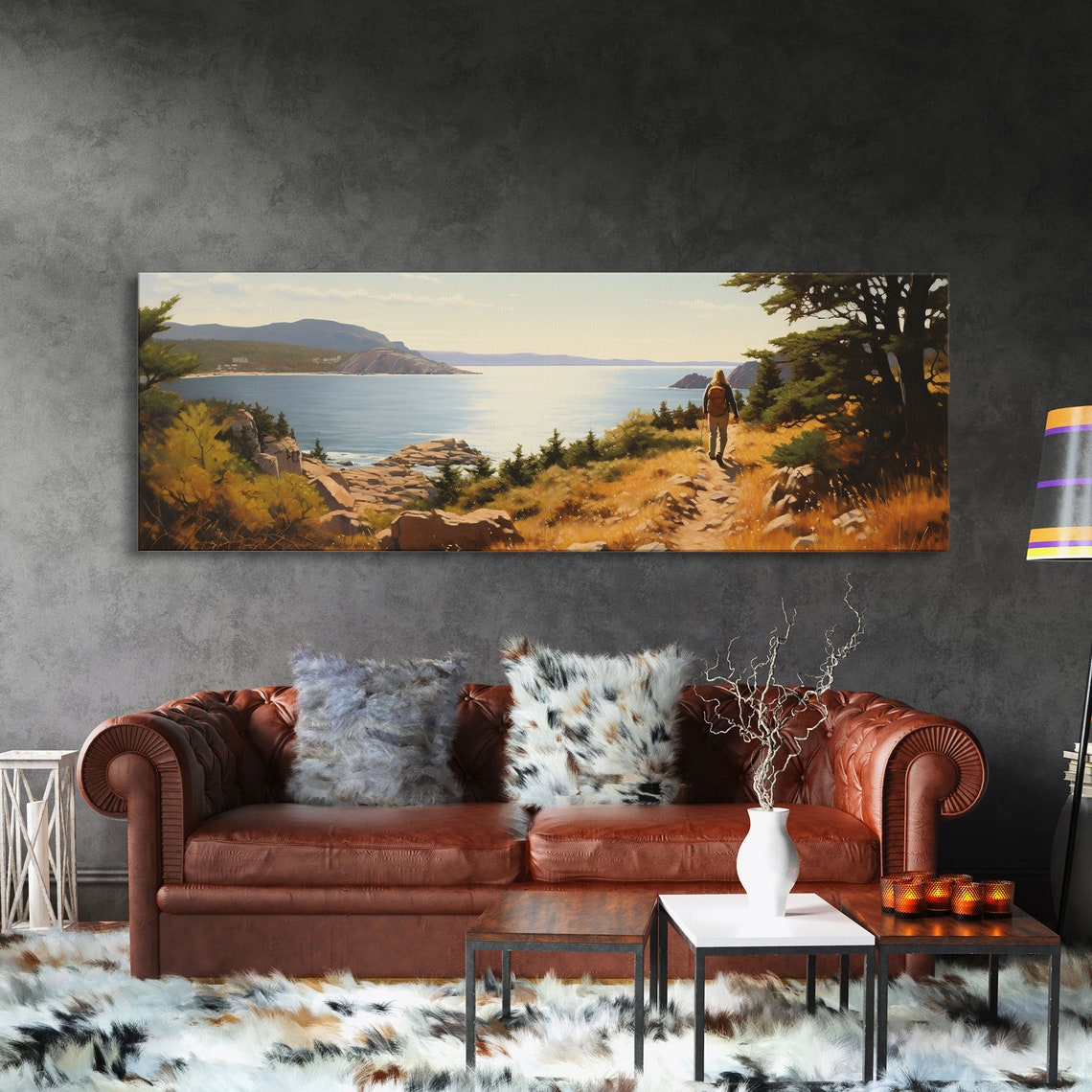 Acadia National Park Watercolor Hiker Coastal Trail Ocean View Poster - Image 3