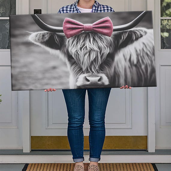 Highland Cattle Wall Art Farmhouse Decor Cute Cow Black White Print Rustic Wall Decor Animals Painting Scottish Cow Wall Art