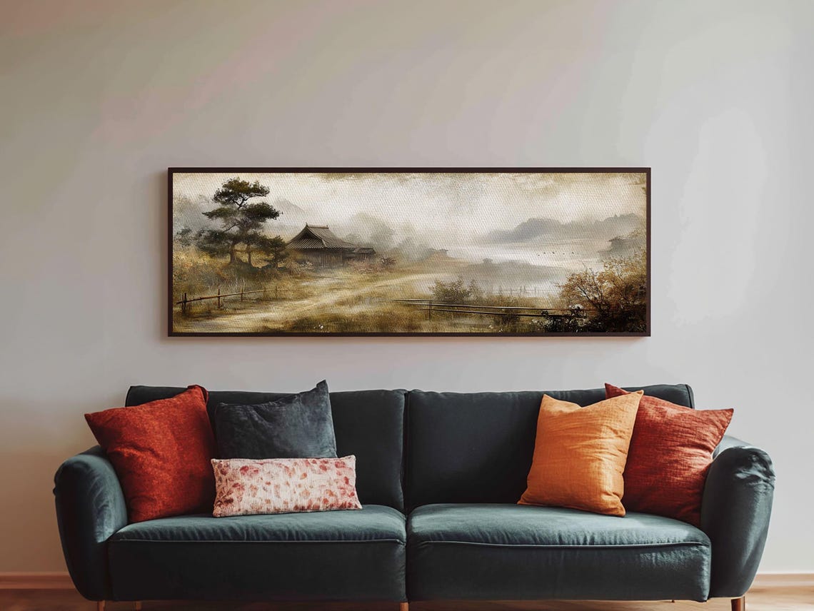 Misty Japanese Countryside Hut Pine Tree Panoramic Landscape Print - Image 4